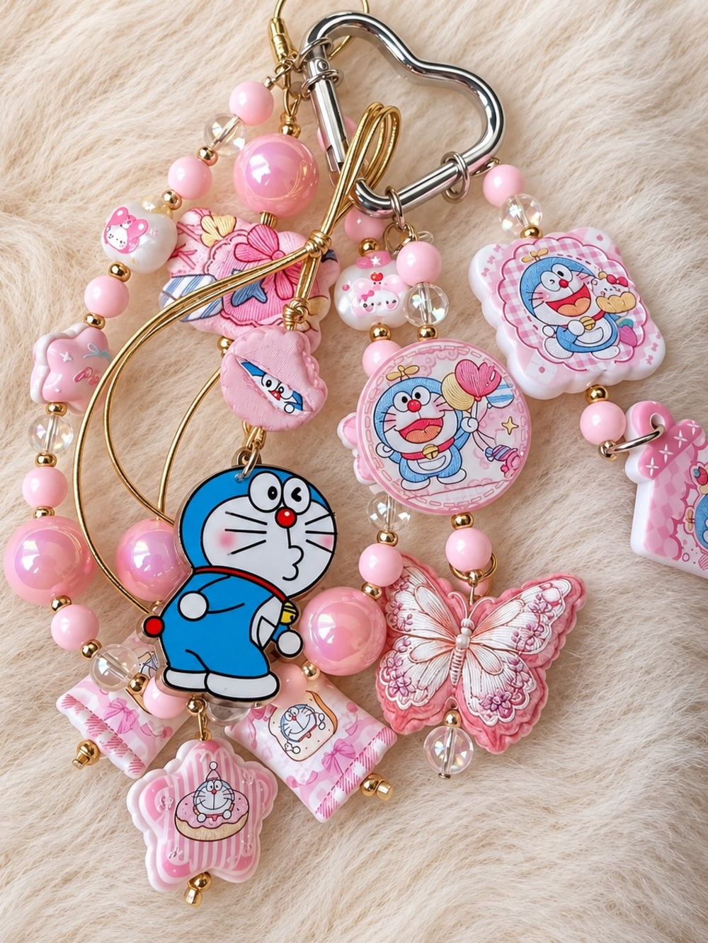 Doraemon Pink Kawaii Beaded Bag Charm Keychain